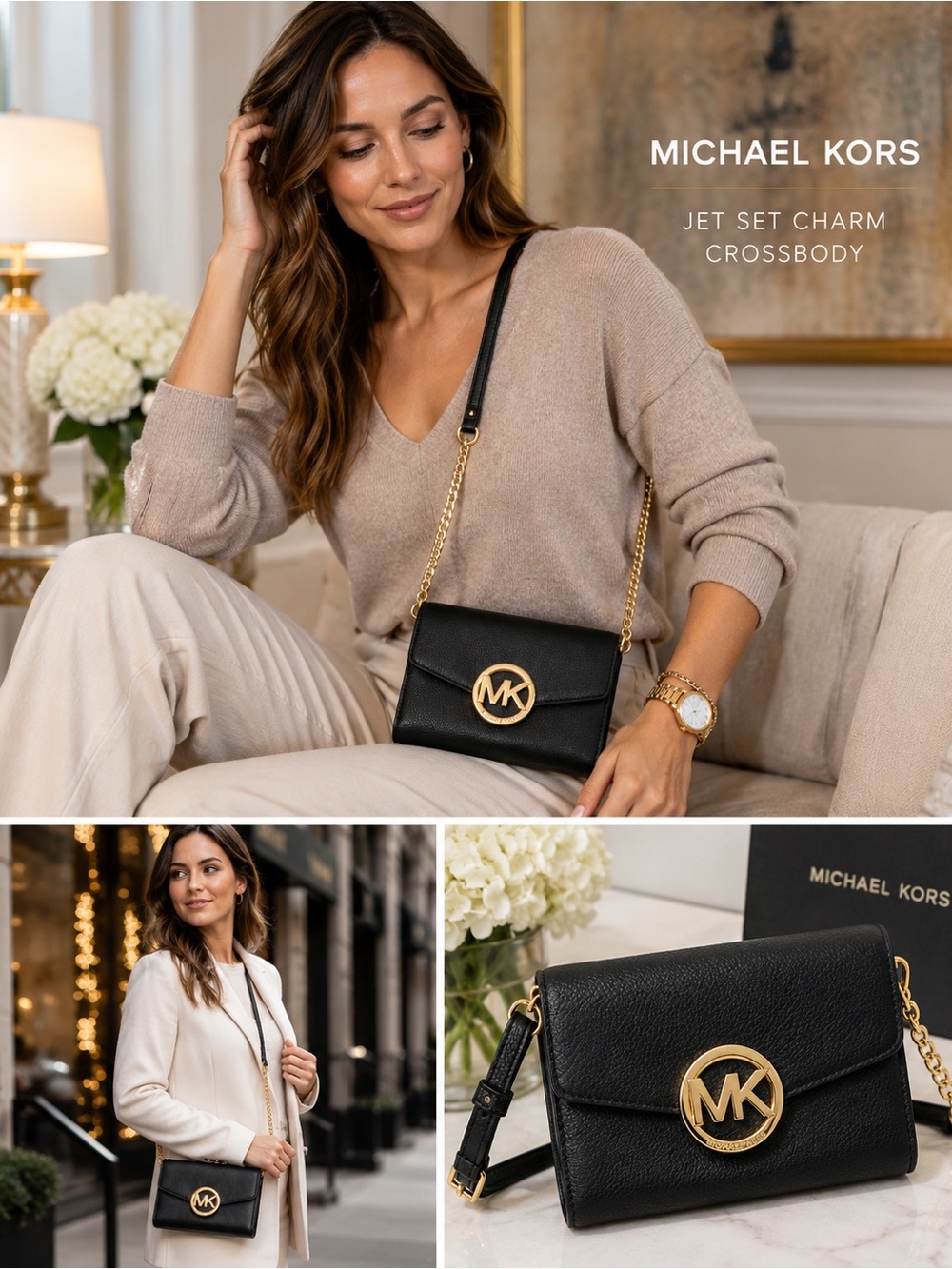 MICHAEL KORS! BLACK PEBBLED LEATHER CROSSBODY WITH STUNNING GOLD MK MEDALLION!